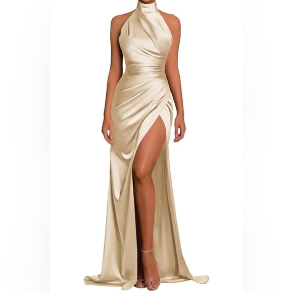 Sexy Halter Black Satin Slit Mermaid Evening Dress Long Wedding Guest Dress D1144